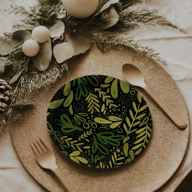 Evergreen Bramble | Festive Botanical Plates (Deep Green Bramble | Festive botanical holiday party paper plates)