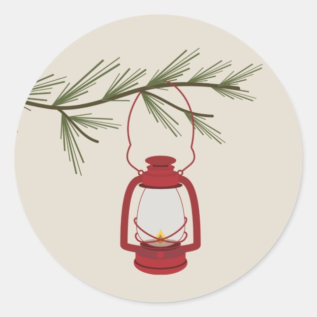 Evergreen Branch Red Lantern Classic Round Sticker (Front)