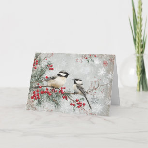 Evergreen Branch with Chickadees and Snowflakes Card