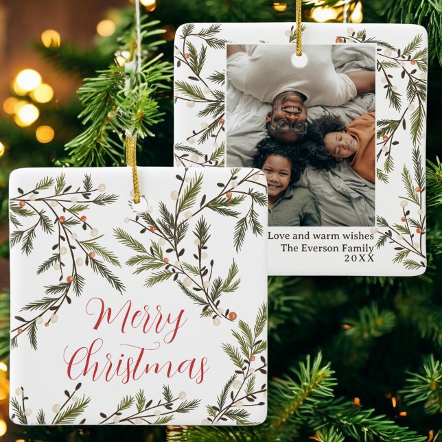 Evergreen Branches Festive Holiday Photo Christmas Ceramic Ornament (Evergreen Branches Festive Holiday Photo Christmas Ceramic Ornament)