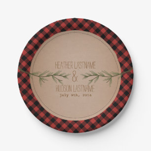Evergreen Branches Plaid Wedding Paper Plate