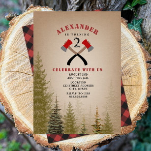 Evergreen Buffalo Plaid Axe Lumberjack Birthday Invitation