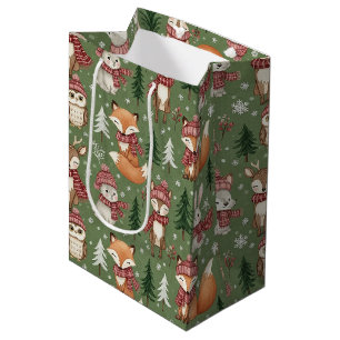 Evergreen Christmas Fox Deer Bunny Owl Pattern Medium Gift Bag