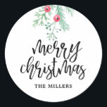 Evergreen Christmas Holiday Personalised Stickers<br><div class="desc">Stylish stickers featuring watercolor berries and foliage and says "merry Christmas" in a stylish modern brush script font.</div>