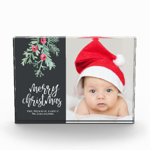Evergreen Christmas Holiday Photo Block in Slate