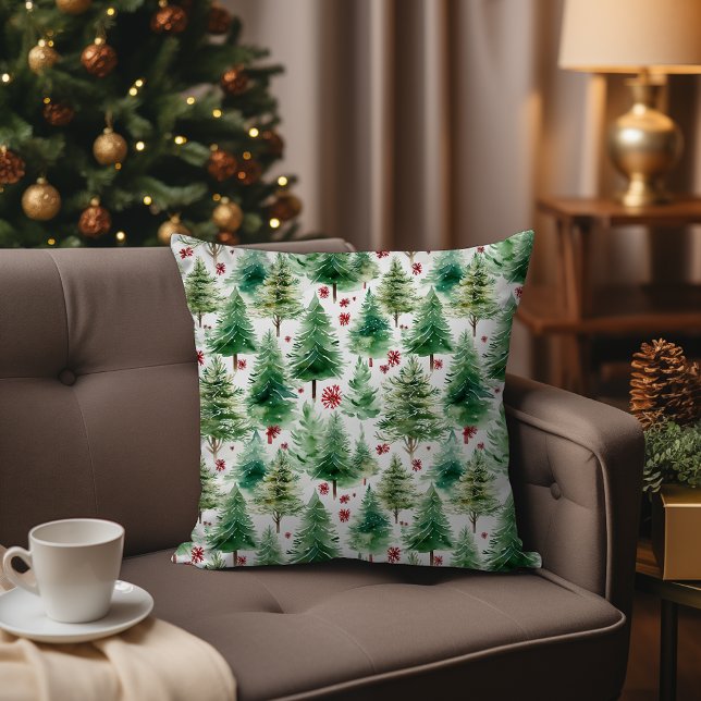 Evergreen Christmas Tree Watercolor Winter Forest  Cushion (Evergreen Christmas Tree Watercolor Winter Forest Throw Pillow in Christmas Living Room)