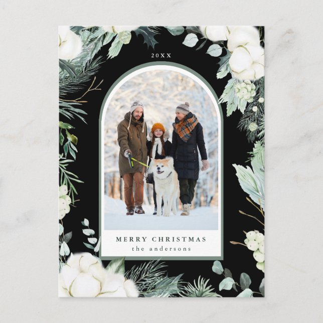 Evergreen & Cotton Flower Arch Photo Holiday Black Postcard (Front)