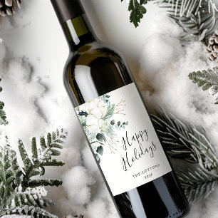 Evergreen & Cotton Flower Bouquet Happy Holidays Wine Label