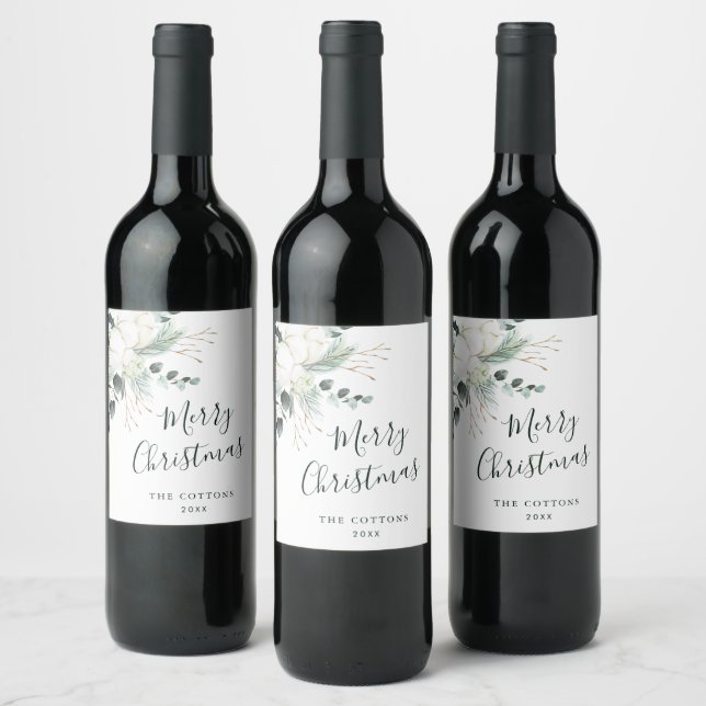 Evergreen & Cotton Flower Bouquet Merry Christmas Wine Label (Bottles)