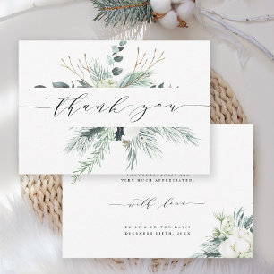 Evergreen & Cotton Flower Bouquet Wedding Thank You Card