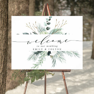 Evergreen & Cotton Flower Bouquet Wedding Welcome  Poster