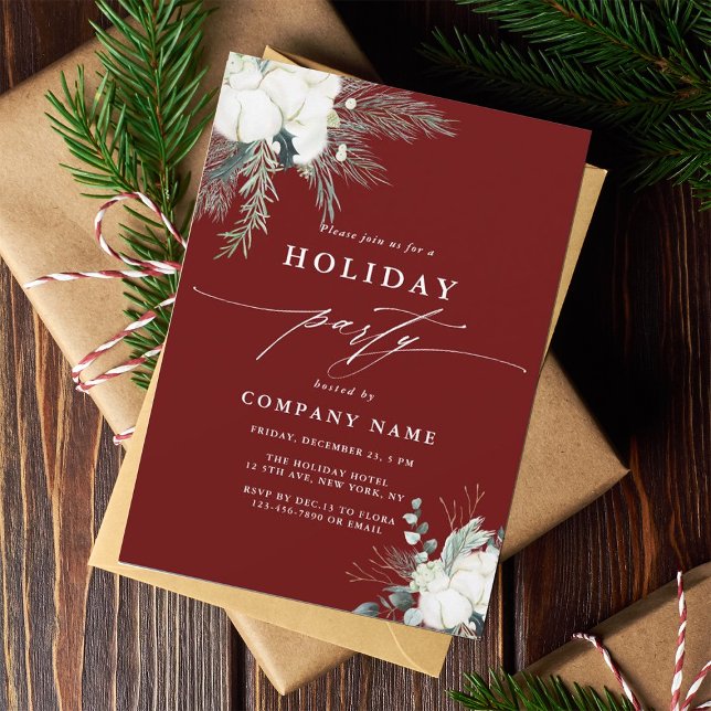 Evergreen & Cotton Flower Red Holiday Party Invitation (Creator Uploaded)