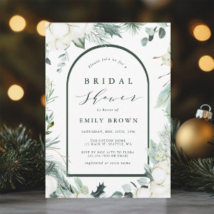 Evergreen & Cotton Flowers Arch Bridal Shower Invitation
