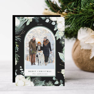 Evergreen & Cotton Flowers Arch Photo Black Holiday Card