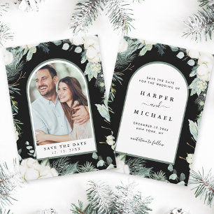 Evergreen & Cotton Flowers Arch Photo Black Save The Date