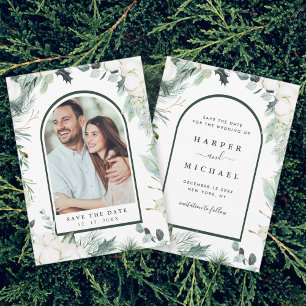 Evergreen & Cotton Flowers Arch Photo Save The Dat Date
