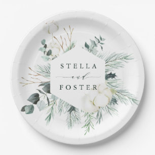 Evergreen & Cotton Flowers Elegant Hexagon Wedding Paper Plate