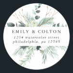Evergreen & Cotton Flowers Elegant Return Address<br><div class="desc">This round sticker features hand-painted winter greenery,  cotton flowers with golden and watercolor textures. For more advanced customisation of this design,  please click the "customise further" link. Matching items are also available.</div>