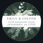 Evergreen & Cotton Flowers Elegant Return Address<br><div class="desc">This round sticker features hand-painted winter greenery,  cotton flowers with golden and watercolor textures. For more advanced customisation of this design,  please click the "customise further" link. Matching items are also available.</div>
