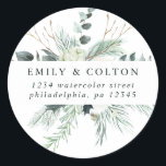 Evergreen & Cotton Flowers Elegant Return Address Classic Round Sticker<br><div class="desc">This round sticker features hand-painted winter greenery,  cotton flowers with golden and watercolor textures. For more advanced customisation of this design,  please click the "customise further" link. Matching items are also available.</div>