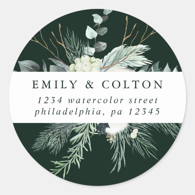 Evergreen & Cotton Flowers Elegant Return Address  Classic Round Sticker (Front)