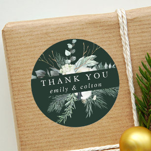 Evergreen & Cotton Flowers Elegant Thank You Green Classic Round Sticker