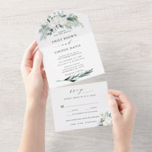 Evergreen & Cotton Flowers Elegant Wedding All In One Invitation
