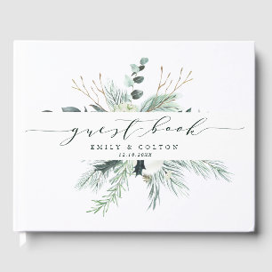 Evergreen & Cotton Flowers Elegant Wedding Guest Book