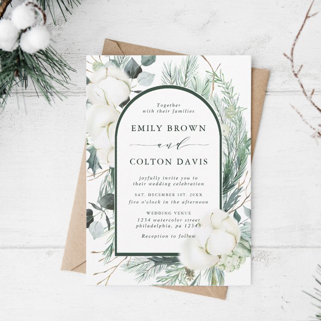 Evergreen & Cotton Flowers Elegant Wedding Invitation (Creator Uploaded)