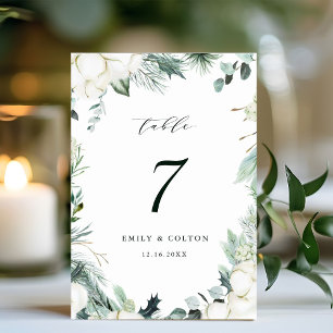 Evergreen & Cotton Flowers Elegant Wedding Table Number
