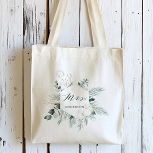 Evergreen & Cotton Flowers Mrs. Personalised Tote Bag
