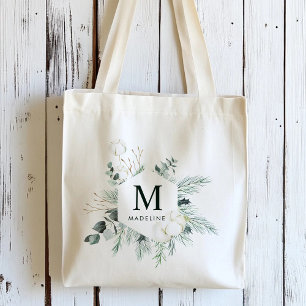Evergreen & Cotton Flowers Personalised Name Tote Bag