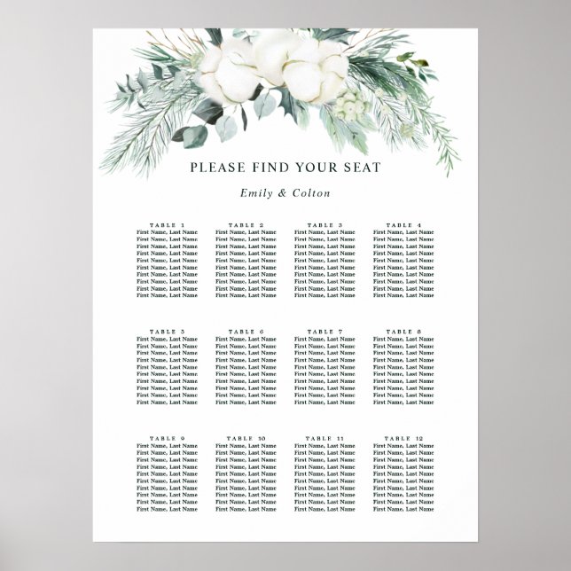 Evergreen & Cotton Flowers Wedding Seating Chart (Front)