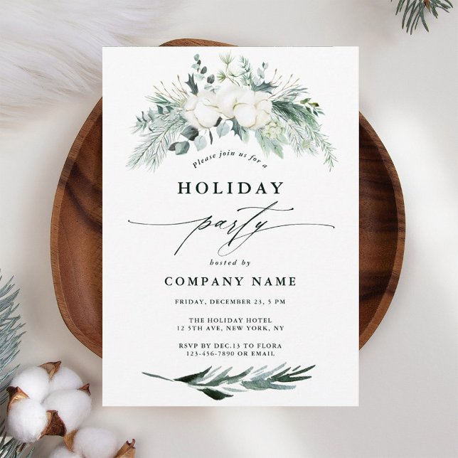 Evergreen & Cotton Flowers Winter Holiday Party  Invitation (Creator Uploaded)