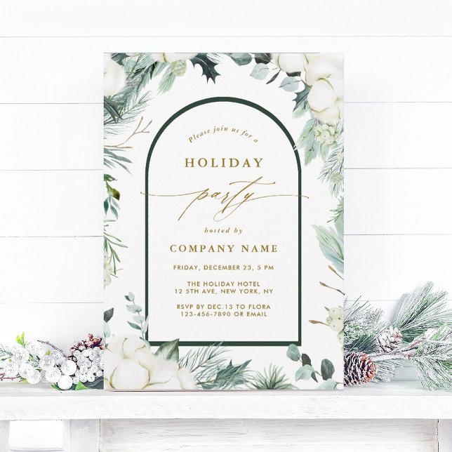 Evergreen & Cotton Flowers Winter Holiday Party  Invitation (Creator Uploaded)