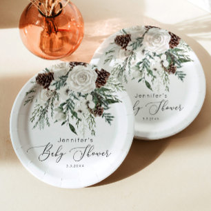 Evergreen elegant gender neutral baby shower paper plate