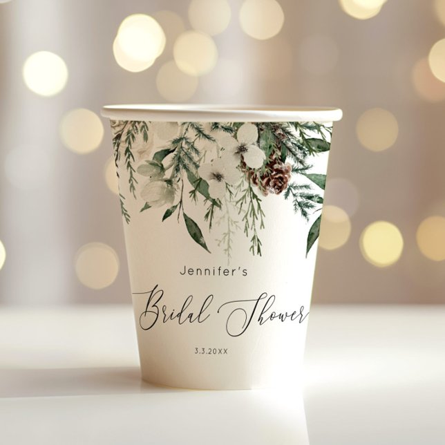 Evergreen elegant pine cone bridal shower paper cups (Creator Uploaded)