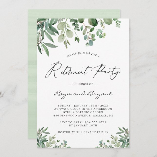 Evergreen Eucalyptus Leaves Retirement Party Invitation (Front/Back)