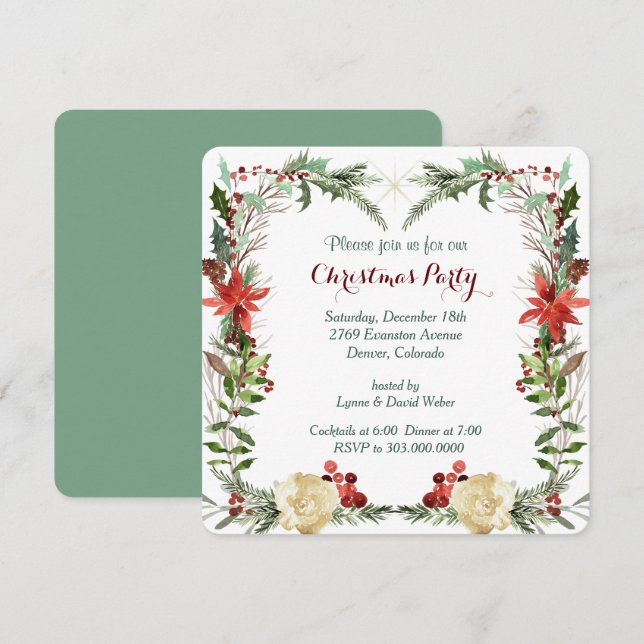 Evergreen Floral Berry Frame Holiday Party Invite (Front/Back)