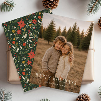 Evergreen Folk Floral Happy Holidays Photo Card
