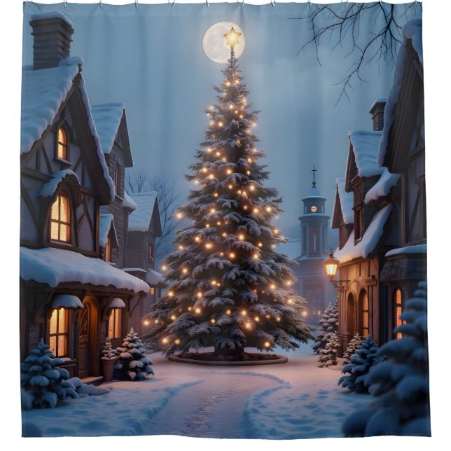 Evergreen Glow – Christmas Tree Art Shower Curtain (Front)