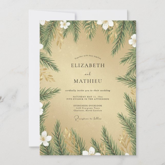 Evergreen & Gold Botanical Romance Wedding Invitation (Front)