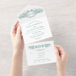 Evergreen green heraldic crest, initials wedding all in one invitation