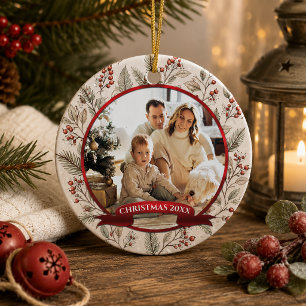 Evergreen, Holly, Red Berries Photo Christmas    Ceramic Tree Decoration