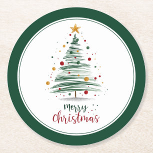 Evergreen Modern Christmas Tree Round Paper Coaster