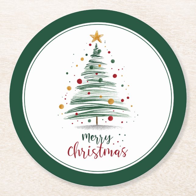 Evergreen Modern Christmas Tree Round Paper Coaster (Front)