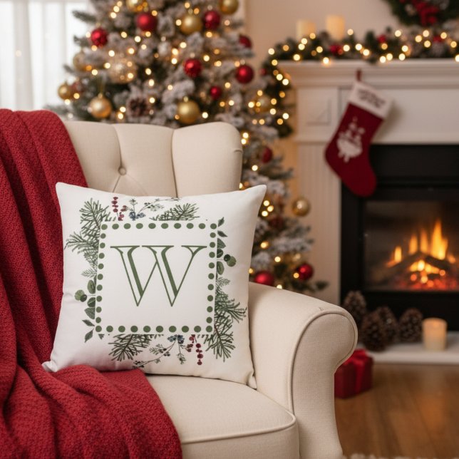Evergreen Monogram Cushion (Monogram initial Christmas holiday pillow)