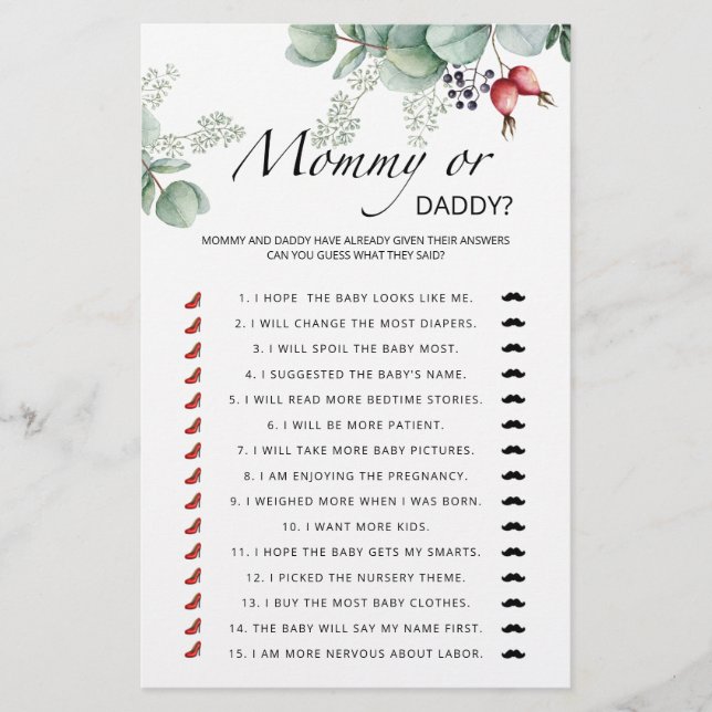 Evergreen mummy or daddy baby shower game (Front)