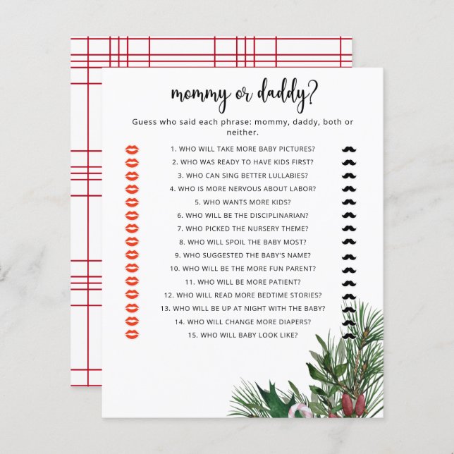 Evergreen mummy or daddy baby shower game (Front/Back)