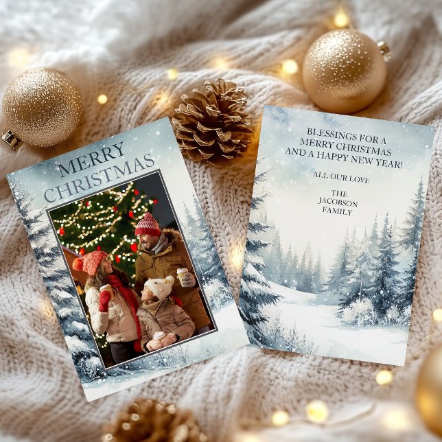 Evergreen Photo Christmas Card (Photo Merry Christmas Card with Evergreens)